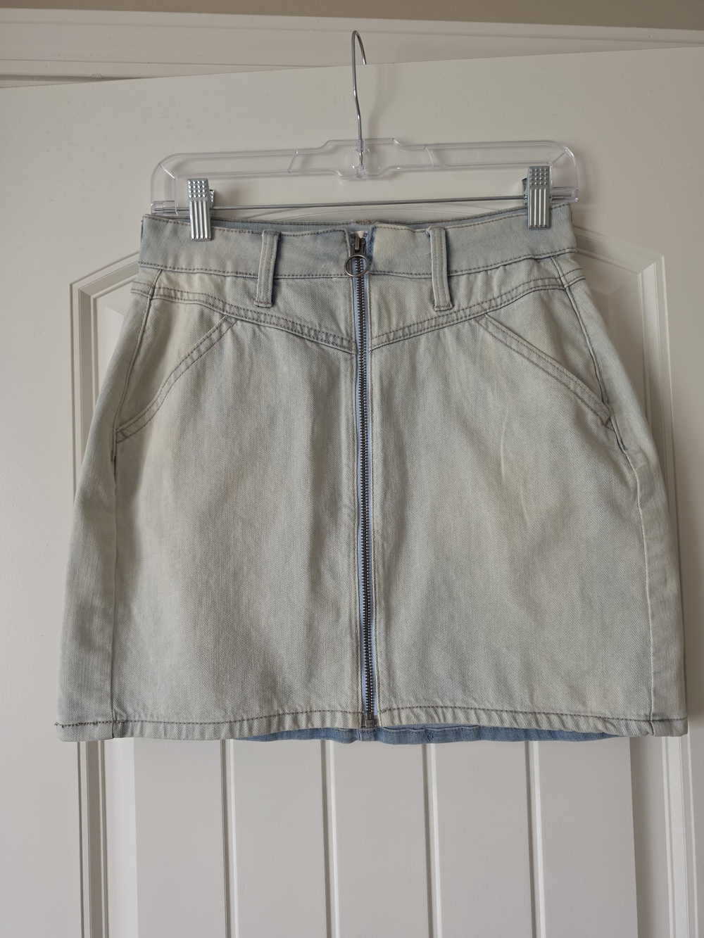 Light Wash Denim Front-Zip Mini Skirt
